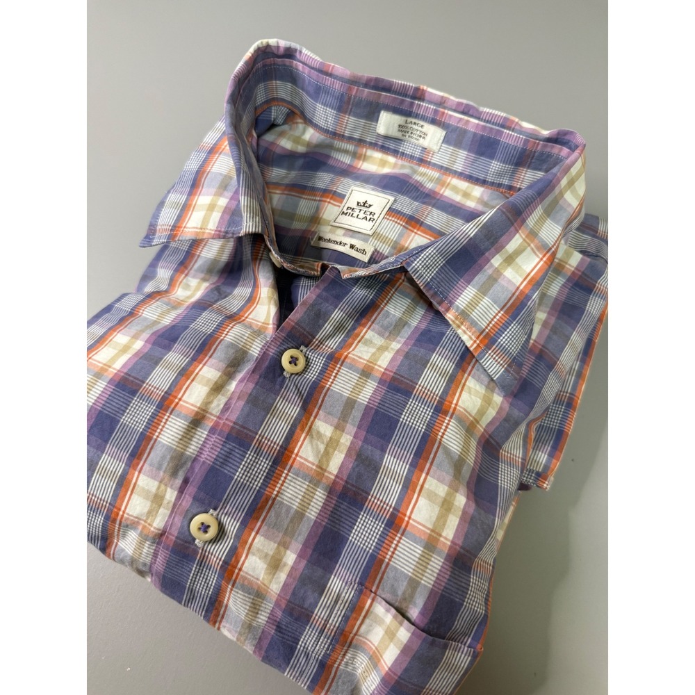 Peter Millar Weekender Wash Plaid Button Down Shirt Mens Large Purple Orange